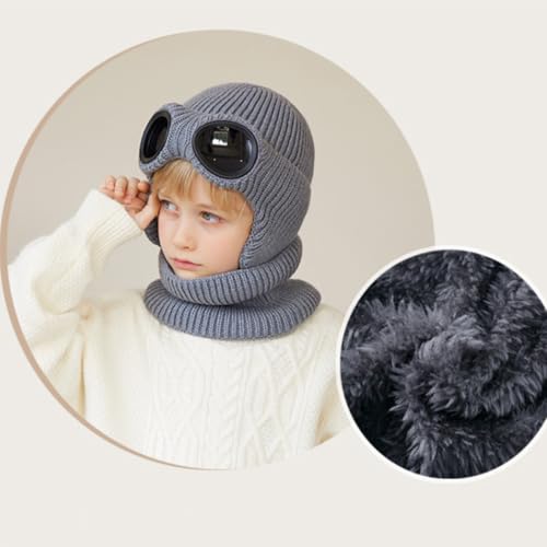 Kids Goggle Beanie Hat Scarf Set Earflap Fleece Lined Knitted Beanie Snow Ski Cap Neck Warmer for 4-10 Year3