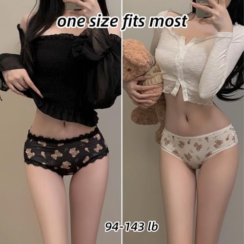 Cute Bear-printed Panties for Teen Girls Age 14-18,Lace Frilly Trim Underwear,Mid Rise Waist,Cotton Crotch,2 Pack2