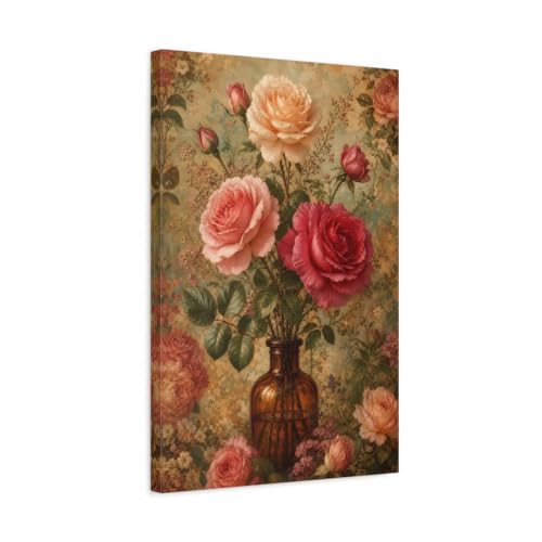 Tableau vintage roses roses et vase pour habiller un grand mur de salon vide