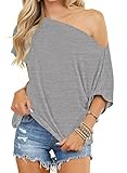 LEEDYA Summer Gray T Shirts for Women Stretch Off The Shoulder Casual Top Short Sleeve Basic Tshirts Gray Large