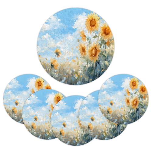 Mintoprints Juego de 6 manteles individuales redondos trenzados con estampado de girasol, de 15 pulgadas, lavables para mesa de cocina y comedor