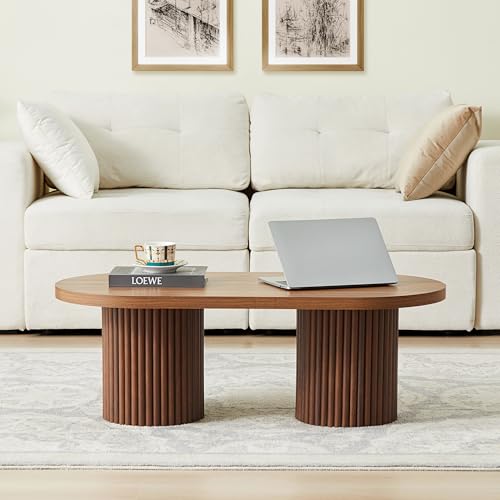 Image of Oval Fluted Coffee Table for Living Room, Modern Small Coffee Table,Walnut | Mid Century Modern Coffee Table with Fluted Legs, Wooden Center Table for Home Office Cafe, Vintage, 39.38 inch x 19.69 inch x 13.78 inch