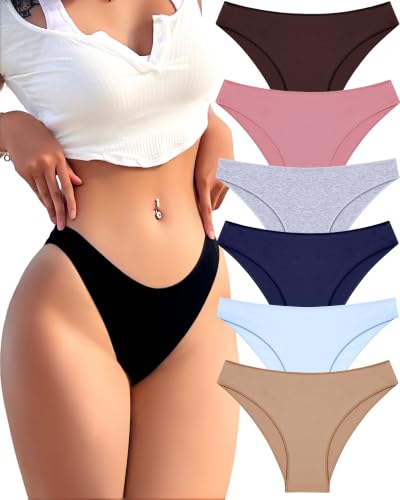 Image of FINETOO 6 Pack Cotton Underwear for Women Cute Low Rise Bikini Panties High Cut Breathable Sexy Hipster Womens Cheeky S-3XL