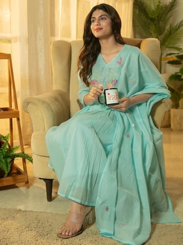 Image of INDO ERA Women's A-Line Pure Cotton Floral Embroidered Kurta & Pant with Dupatta Set (R2STR9793)