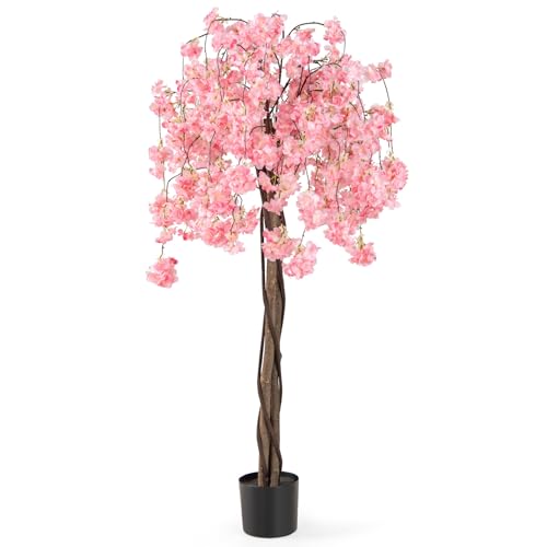 COSTWAY Cerisier Artificiel Réaliste 163 CM, Plante Artificielle en Pot avec Fleurs Roses et Blanches, Arbre Florale Décorative Intérieur Extérieur pour...