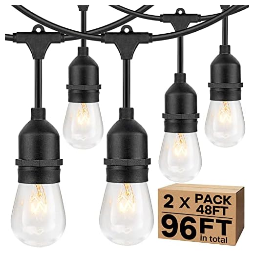 2-Pack 96FT Outdoor String Lights with Dimmable 11W Edison Vintage Bulbs, Waterproof Commercial Grade Patio Hanging Lights for Cafe Pergola Backyard Bistro Wedding, 2700K Warm White, Black 48FT/String