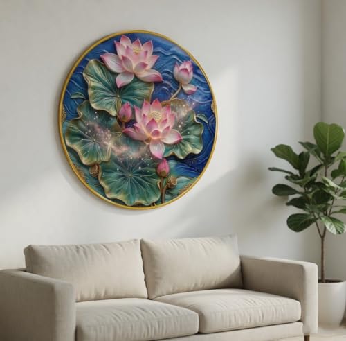 Image of SAF Lotus Flower Wall Painting Round PVC Golden Frame Spiritual Floral Wall Decor for Living Room Bedroom Office Modern Decorative Art Peaceful Home Gift Item (16 x 16 Inch) GRM-376