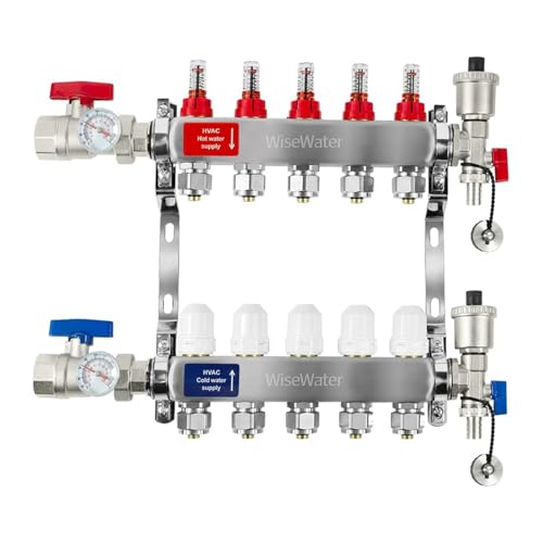 AB 5 Loop PEX/Radiant Manifold, 1/2 Inch Compatible Outlets, Up to 1.3 GPM Flow Valve for Hydronic Radiant Floor Heating(1/2' Connectors Included)