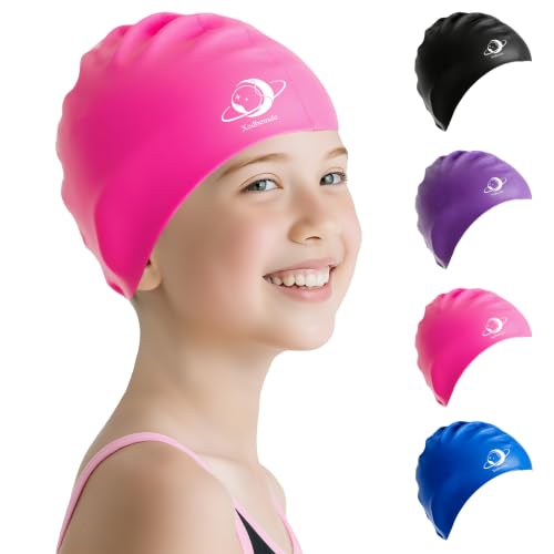 Xcdhemde Badekappe Kinder, Badekappe Mädchen Silikon, Badehaube Kinder Wasserdicht, Schwimmhaube Anti-Rutsch, Bequem und Weich Schwimmkappe für Jungen und Mädchen-Rosa