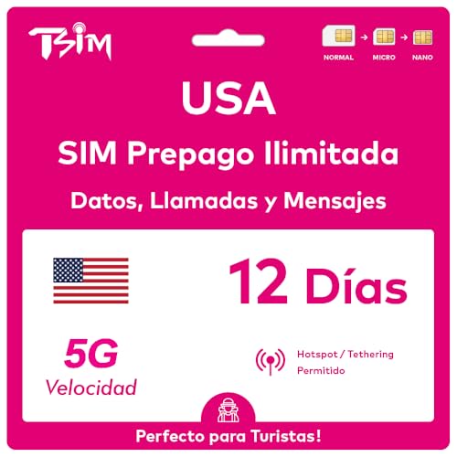 Tarjeta SIM de EE. UU. 12 días. Red T-Mobile con Datos ilimitados de Alta Velocidad en 5G/4G/LTE | Llamadas Locales y Mensajes ilimitados en EE. UU. (Incluido Hawái). ¡Tarjeta SIM 5G!
