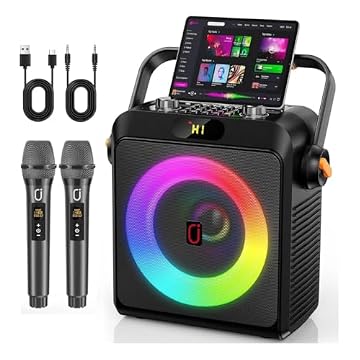 JYX Karaokê com 2 Microfones Sem Fio para Adultos e Crianças, Karaoke Portatil com Luzes de RGB DJ, Suporte para BT/TF/USB/AUX, Ajuste do ECHO/BASS, Para Festas Internas e Externas