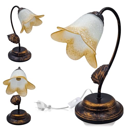 MAKA Lampada da Tavolo Vintage E14 (lampadina non inclusa) Luce Comodino Scrivania in Metallo Spazzolato Foglie Paralume in Vetro Lavorate Artigianalmente Soggiorno Camera Letto Ufficio (Autunno)