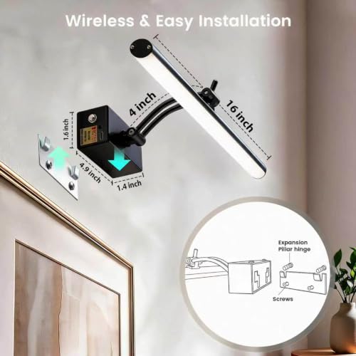 Yuichoy 2 Pack Picture Lights for Wall Battery Operated, 16 inch Wireless Art Lighting for Painting, 6 Colors Picture Frame Lights with Remote, Dimmable 5200mAh Gallery Light, Black