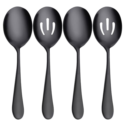 AYFDISHS Serving Spoons Set Black Stainless Steel 8.7 Inch Slotted and Solid Serving Utensils for Party Buffet Dinner Banquet Cooking Kitchen Basics Mirror Finish Flatware 4 Piece