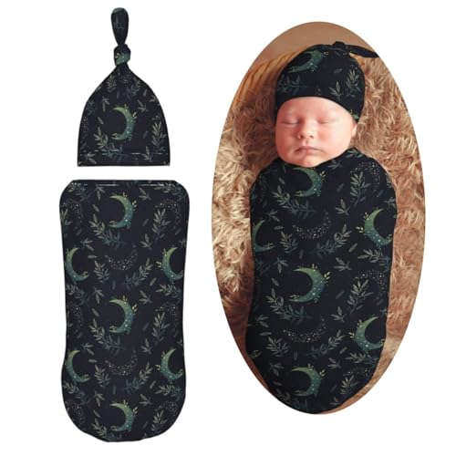 Image of Muishi Space with Leaves Newborn Swaddle Blankets Hat Sets Soft Baby Receiving Blanket Swaddle Sack for Baby Shower Infant Boy Girl Gift