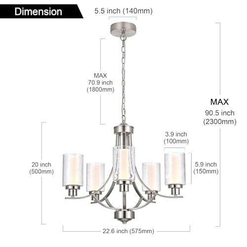 MELUCEE 5 Lights Modern LED Chandeliers for Dining Room Brushed Nickel Kitchen Chandeliers Over Table 5CCT Dimmable Hanging Ceiling Light Led Pendant Light with Seeded Glass Shade, Built-in LED Chips by MELUCEE - Image 5