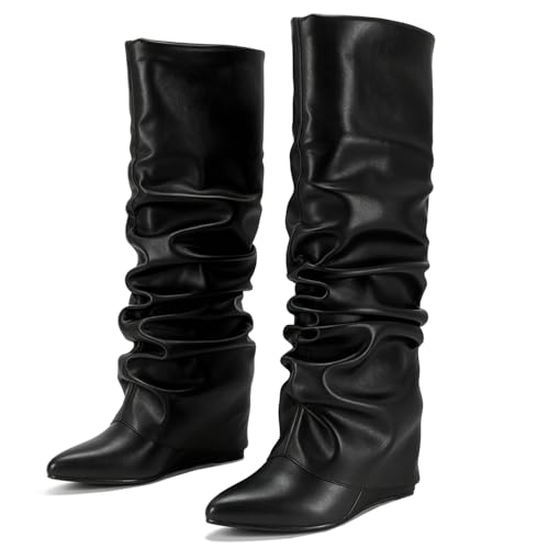 Uootopo Fold Over Boots for Women Slouched Wedge Heels Knee High Pointed Toe