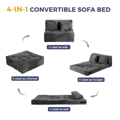 Image of MAXYOYO Convertible Sofa Bed, Fold Out Loveseat Sofa Couch with Pillow, 4 in 1 Tufted Folding Couch Bed Foam Floor Couch, Lazy Chair for Living Room Bedroom Guest Room, Dark Grey