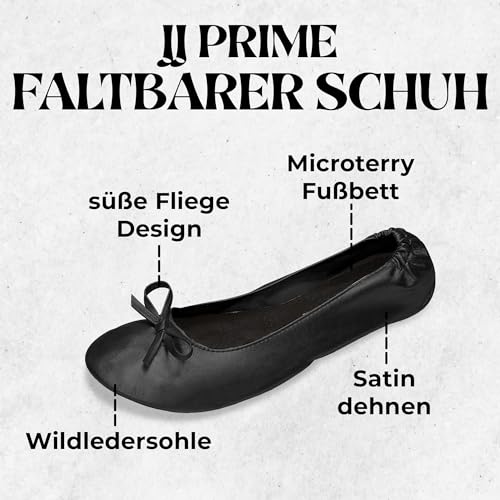 JJPRIME Damen Frauen Ballerina Rolle bis Faltbare Schuhe Damen Flache Komfort Schuhe hochklappen Pumps schwarz Faltbar mit Tragetasche Ballett After Party