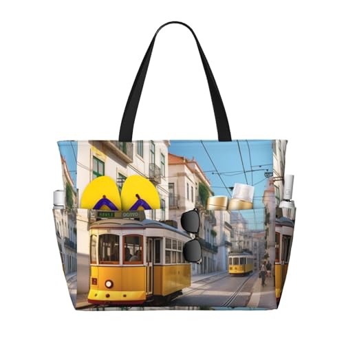 (Tram Street Scenery) Large Beach Tote Bag For Women With Zipper Foldable Lightweight Travel Pool Bag For Vacation Shopping