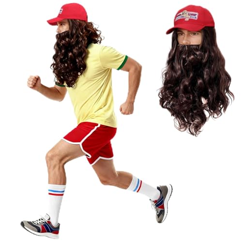 CFPrint Forrest Bubba Gump Running Costume Halloween Cosplay Costume Includes Shrimp Hat Wig Beard Yellow Pollow Shirt Red Running Shorts and White Crew Socks 70s Runner Outfit Red L
