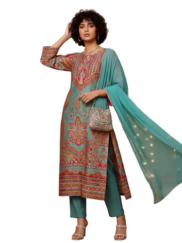 Kurta imprimée Varanga détails Zari dorés avec pantalon et dupatta