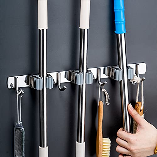 Broom Holder Wall Mount, Broom Organizer Wall Mount, Broom Mop Holder, Stainless Steel Broom Holder, Storage Organizer for Brooms and Mops (Grey-3 Racks/4 Hooks)