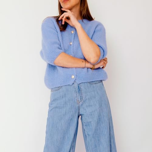 Image of Women Knitted Crop Cardigan Blouse Short Sleeve Button Down Sweater Shirt Y2k Open Front Cardigan Top Streetwear