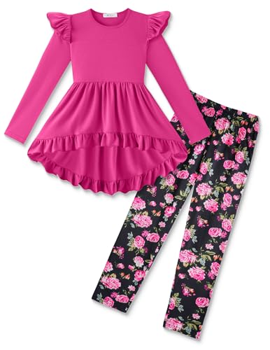 Image of Arshiner Toddler Girl Clothes Ruffle Trim Long Sleeve Pullover Top and Floral Print Leggings Fall Outfits Kids Clothing Sets