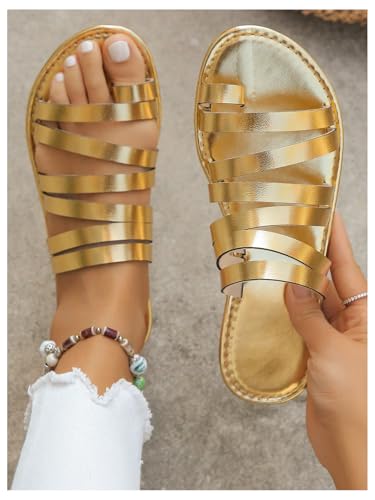 OYOANGLE Women's Metallic PU Leather Toe Post Flat Sandals Open Toe Ankle Strap Sandal Comfortable Walking Slides3