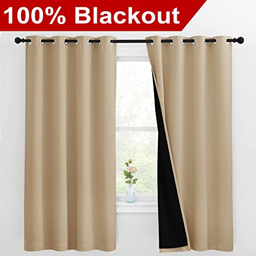 Image of NICETOWN Bedroom Full Blackout Curtain Panels, Super Thick Insulated Window Covers, Complete Blackout Draperies with Black Liner for Short Window(Biscotti Beige, Set of 2 PCs, 55 by 68-inch)