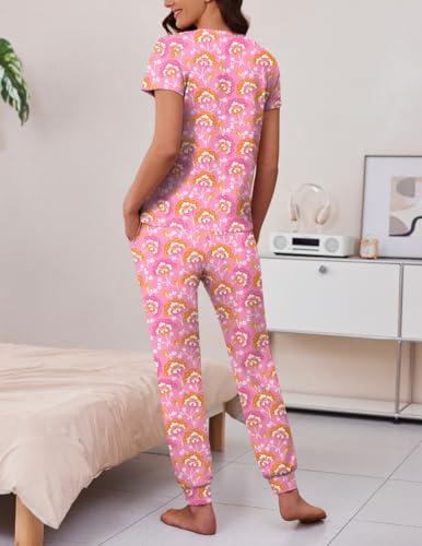 Image of Ekouaer 2 pack Womens Pajama Short Sleeve Jogger Pants Pjs Lounge Set | Pajama Sets with Pockets Comfy Sleepwear for Daily Wear, Sleep, Home, Sport, Workout