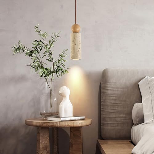 Isla de cocina iluminada con lámpara colgante lineal rústica de tira larga en travertino 3