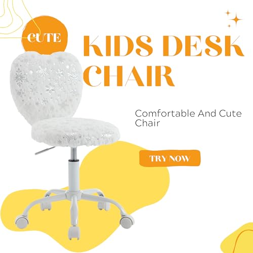 Image of Kmax Kids Reading Chair, Rolling Cute Desk Chair for Girls Swivel Office Chair with Wheels & Heart Back Adjustable Childrens Vanity Chair for Bedroom Reading Room - Fur, Snowflake
