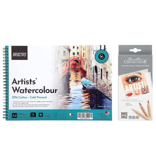 Image of BRUSTRO Artist Wiro Watercolour Paper Pad, 300 GSM, A4(8.3x11.7 in),25% Cotton, Cold Pressed,15 Sheets with Cretacolor Studio Watercolor Pencil, Skin Tones, Set of 12|Ideal for Drawing,Painting