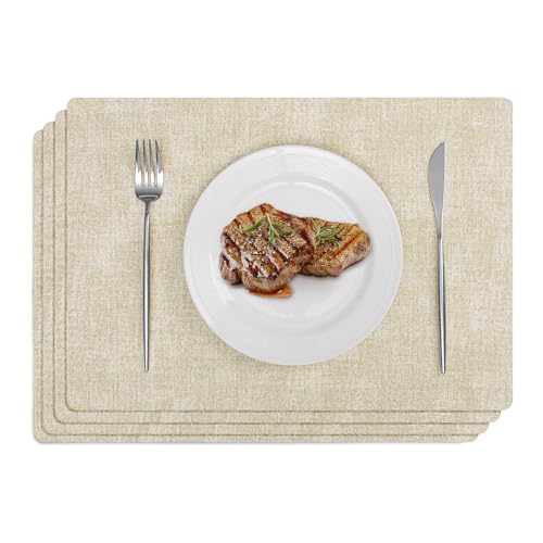 Softalker Faux Leather Placemats Set of 4-Vinyl Heat Resistant Place Mats, 100% Waterproof Oilproof Wipe Clean Table Mats for Indoor & Outdoor Use, 17’’×12’’, Beige