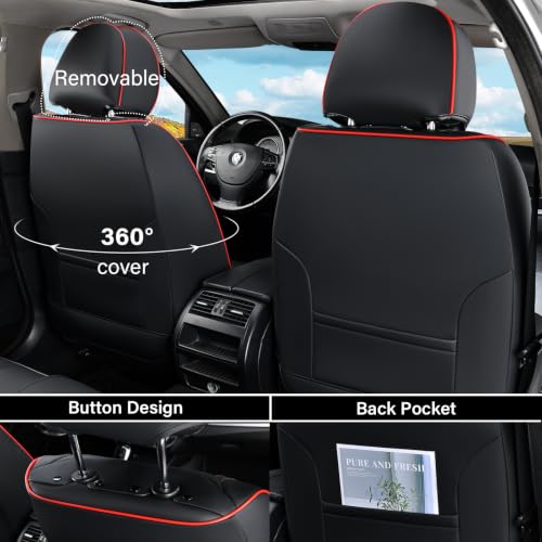 Image of Coverado Car Seat Covers Full Set, 5 Piece Car Seat Protector with Lumbar Support & Removable Headrest, Breathable Leather Front Rear Seat Cushion Universal Fit for Truck Automotive Black & Red