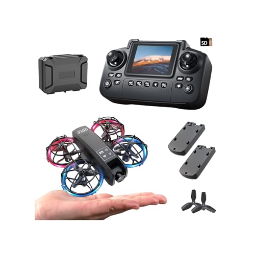 elecci K100 Mini Drone with Screen Controller with SD Card, Two-batteries, Optical Flow Positioning, All-round Protection for Flight Paddles, Suitable for Beginner. (2 batteries - Black)