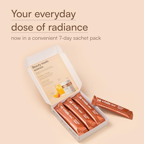 Image of hk vitals Skin Radiance Marine Collagen Supplement, Orange, 7 Sachets (8g Each) | Travel Pack | Vitamin C, E, Sodium Hyaluronate for Healthy Skin, Hair & Nails