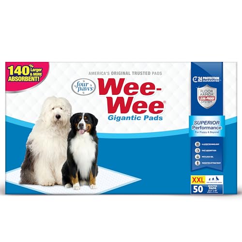 Image of Four Paws Wee-Wee Superior Performance Gigantic Dog Pee Pads, 50 Count | Puppy & dog potty training pads, all day floor protection, housebreaking pet supplies, leak-proof puppy pads, 27.5 inch x 44 inch