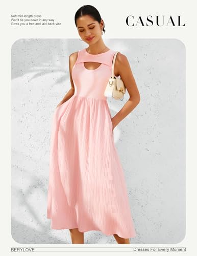 Image of BeryLove Casual Midi Tank Dress Summer Ribbed Knit Pleated Dresses with Pockets