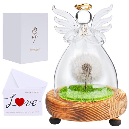 UCAMP Diente de león Real en Cristal,Pluma de Deseos Base,Verdadero Diente de León en Cristal Angels Figurines,Regalos para cumpleaños,día de San Valentín,día de la Madre para mamá,Abuela,Novia