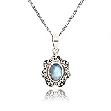 Luna Azure Colored Gem Moonstone Vintage Style 925 Sterling Silver Pendant Necklace 18