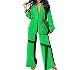 Womens 2 Piece Outfits - Long Sleeve +Short Pants Button Blouse Top Wide Leg Loose Streetwear Lounge