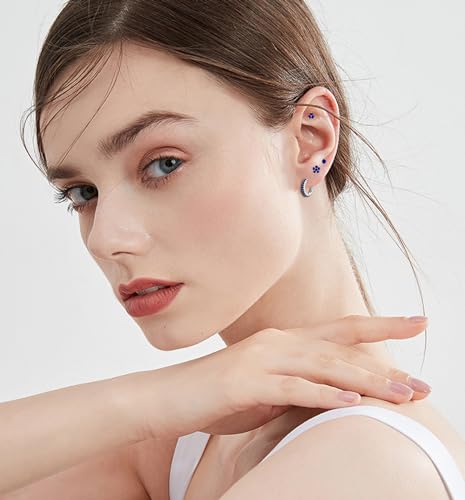 Sterling Silver Stud Earrings Set for Women, Hypoallergenic 4 Pairs Cartilage Helix Flower Round Blue/Pink/Green/Purple Cubic Zirconia Stud Earrings Hoop Sets for Multiple Piercings2