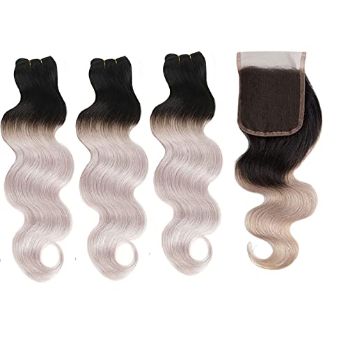 Tissage extensions cheveux humains péruviens ondulés gris avec closure dentelle 4x4