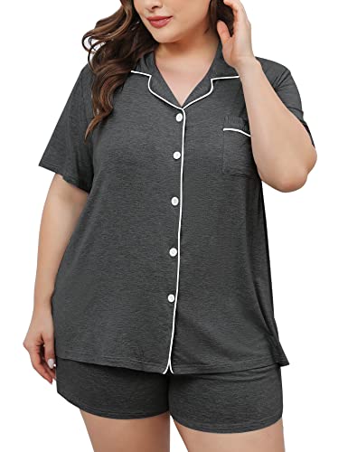 Image of SWOMOG Women's Plus Size Pajamas Set Button Down Tops Short Sleeve Sleepwear Soft Pajama Shorts 2 Pcs Lounge Sets With Pocket