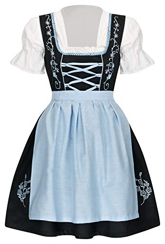 TR Martha Dirndl 3 TLG - Vestido tradicional tirolés, blusa, delantal, talla 34-46, color negro, azul, negro, rosa, negro y rojo azul 38
