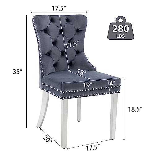 Goolon Velvet Dining Room Chairs Set Of 2 Chairs For Dining Room Button Tufted Dining Chairs Upholstered Dining Table Chairs With Rivet Trim Metal Pull Ring Silver Stainless Legs For Kitchen Grey #TOP2