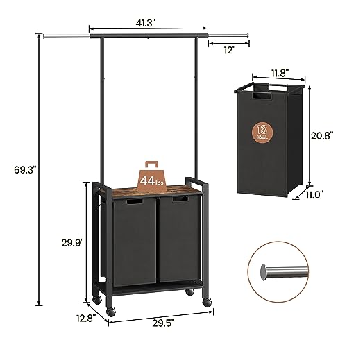 Laundry Sorter 2 Section Laundry Hamper Sorter with Clothes Hanging Rod and Wooden Storage Shelf 2 X 13gal Laundry Basket Organizer for Laundry Room Organization Storage Baskets, Black